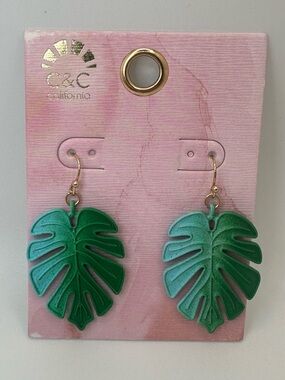 C&C California Teal and Green Monstera Leaf Dangle Earrings NWT